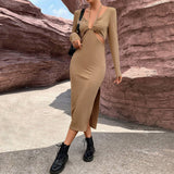Women Dress Autumn Winter Sexy Hollow-out Slim-Fit Sheath Long-Sleeved Dress