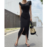 Women Dresses V-neck Black Slit Long Dress Spring and Summer Short Sleeve Dress
