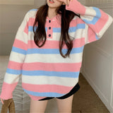 Women Knitwear Autumn and Winter Striped Polo Collar Knitwear Sweater