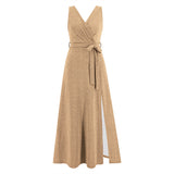 Women Date Dress Sexy Sleeveless V-neck Slit Slim Fit Long Dress