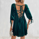 Women Dress Velvet Square Collar Back Hollow-out Skirt