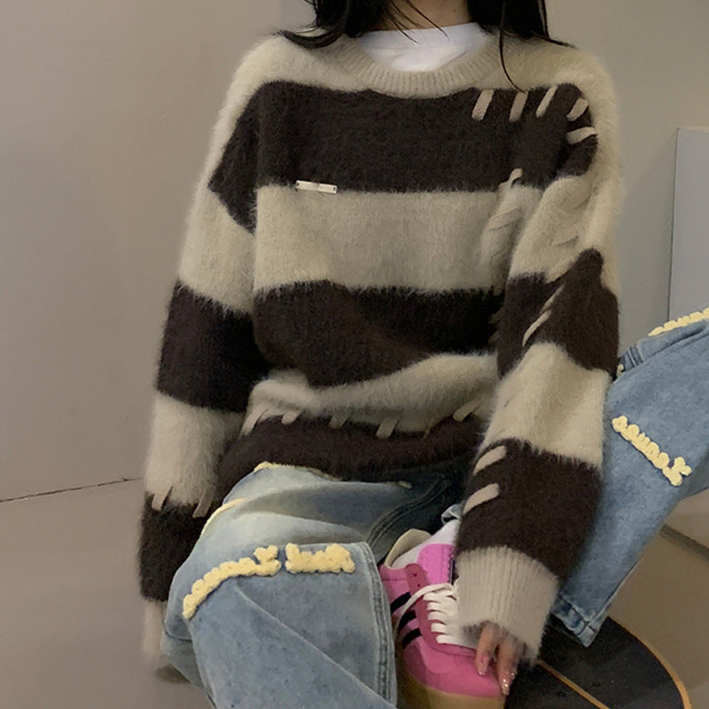 Women Knitted Pullover Vintage Stripe Knitted Sweater Loose Crew Neck Top