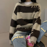 Women Knitted Pullover Vintage Stripe Knitted Sweater Loose Crew Neck Top