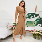 Women Date Dress Knitted Long Sleeve V-neck Lace-up Fishtail Skirt