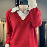 Women Knitted Pullover Sweater Women's Long Sleeve Polo Collar Sweater