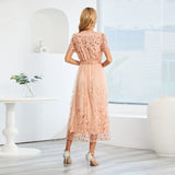 Women Date Dress Slim Fit Embroidered Leaves Sequin Gauze Dress Skirt