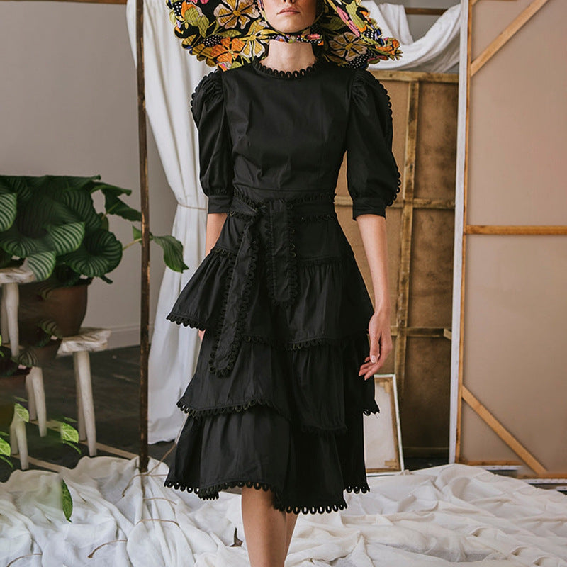 Women Dresses Summer round Neck Puff Sleeve Dress Bow Cake Dress (Qymy0409)