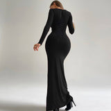 Women Dresses Winter Slim Fit Backless Lace-up U-Neck Long-Sleeved Dress
