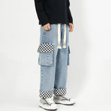 Men Jeans Retro Worn Jeans Multi-Pocket Work Pants Cropped Pants