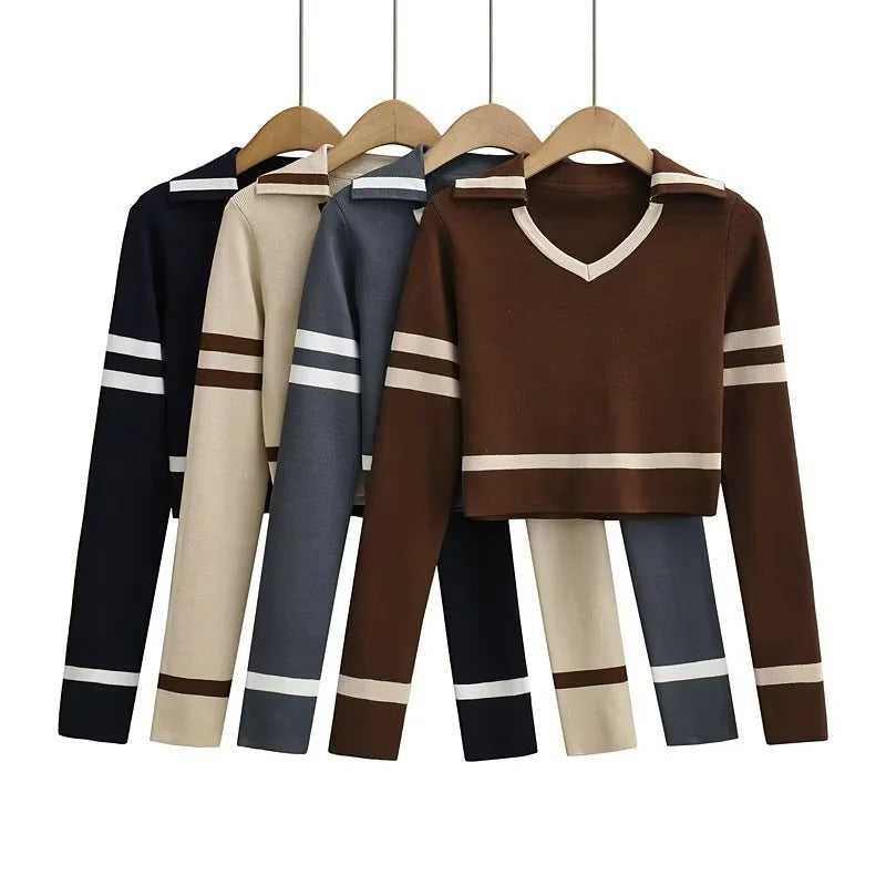 Women Sweater Knitwear Vintage Stripe Short Knitwear Autumn V Lapel Long Sleeves Cropped Top
