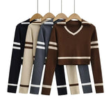 Women Sweater Knitwear Vintage Stripe Short Knitwear Autumn V Lapel Long Sleeves Cropped Top