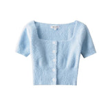 Women Sweater Knitwear Square Collar Short Sleeve T-shirt Spring and Summer Single-Breasted Top