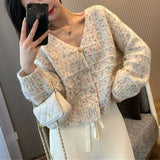 Women Knitwear Autumn and Winter V-neck Sweater Loose Retro Knitted Cardigan
