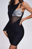 Women's Evening Dress Sequined Bandage One-Piece Dress Sexy Long Sleeve Mesh Dress