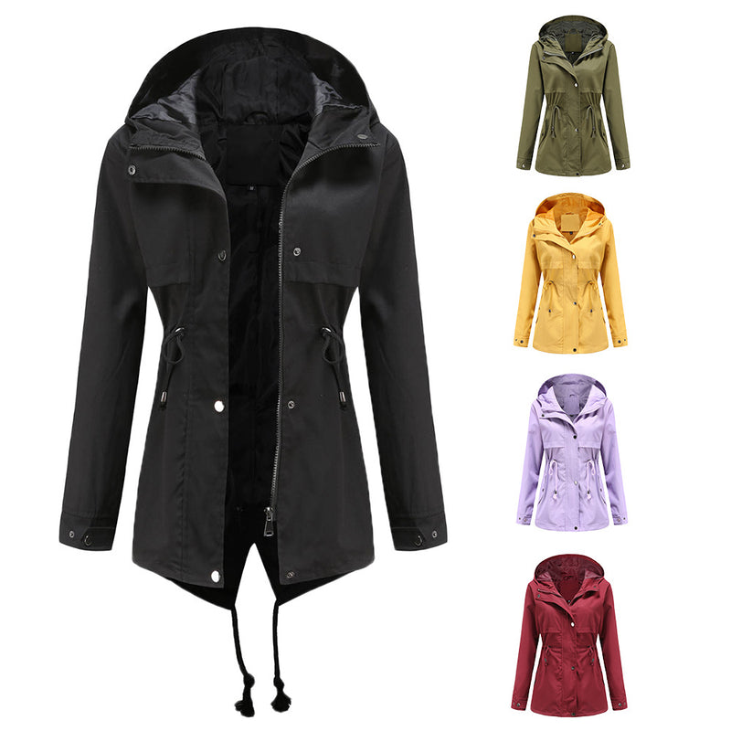 Women Trench Coat Mid-Length Hooded Jacket Long-Sleeved Raincoat