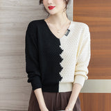 Women Knitwear Spring and Autumn V-neck Color Matching Sweater Loose Sweater