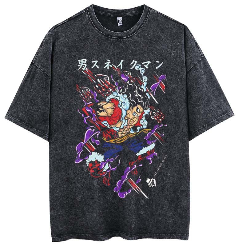 Pure cotton washed and old ONE PIECE printed style pickled T-shirt