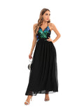 Women's Evening Gown Sexy Backless Spaghetti Straps Sequins Dress Gown