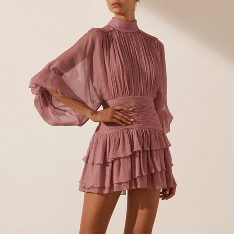 Women Dresses Chiffon Skirt Spring Stand Collar Pleated Loose Dress (Qymy0409)