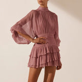 Women Dresses Chiffon Skirt Spring Stand Collar Pleated Loose Dress (Qymy0409)