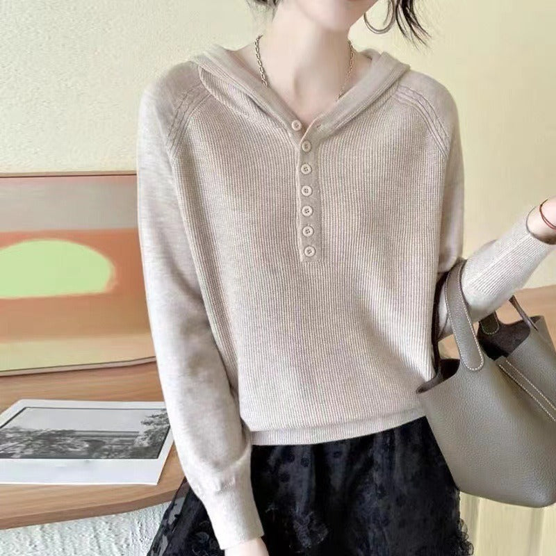 Women Knitted Pullover Autumn Hooded Knitwear Loose Thin Casual Long Sleeve Top