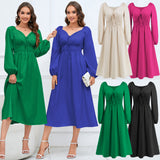 Women Date Dress Slim-Fit Long Sleeve V-neck Lace-up A- line Dress Lantern Sleeve Dress