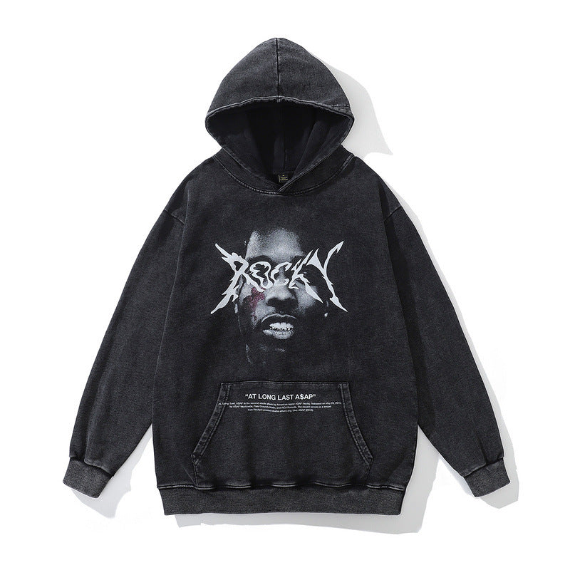 Men Hoodie Hip Hop Portrait Printing Washed Hooded Sweater