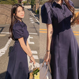Women Dresses Polo Collar Lapel Puff Sleeve A- line Expansion Skirt Dress