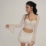 Women Co-Ord Set Lace Stitching Suit Bell Sleeve Short Skirt Two-Piece Set