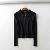 Women Sweater Knitwear Autumn Sexy Slim Lapel Double-Headed Zipper Navel Jacket