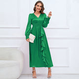 Women Date Dress Autumn and Winter V-neck Bubble Long Sleeve Dress