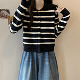 Women Knitwear Fall and Winter Lapels Striped Sweater Loose Knitted Cardigan