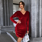 Women Dress Autumn Winter Sexy Backless Hip Skirt Long Sleeve Velvet Dress