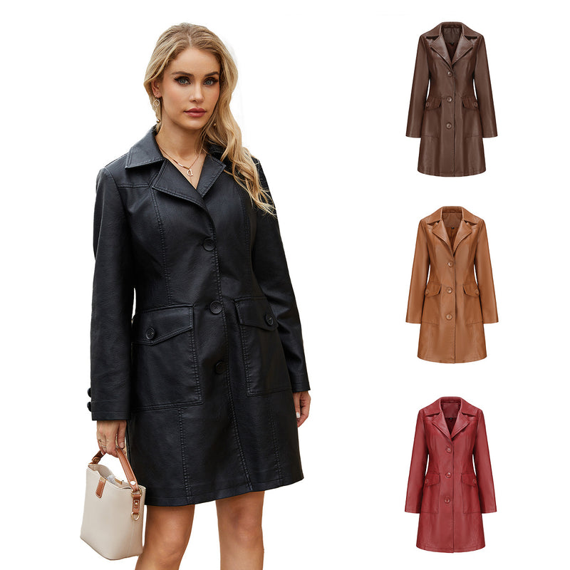 Red Leather Jacket Spring and Autumn Long Sleeve Leather Wind Coat Coat Female Lapel Single Breasted