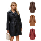 Red Leather Jacket Spring and Autumn Long Sleeve Leather Wind Coat Coat Female Lapel Single Breasted