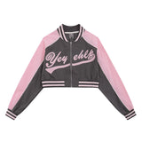 Women Jacket Letter Affixed Cloth Embroidered Short Baseball Uniform