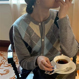 Women Knitwear Spring and Autumn Knitwear Vintage Diamond Plaid Loose Sweater Cardigan