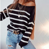 Women Knitted Sweater Loose Outer Wear Long Sleeve Sweater Crew Neck Striped Sexy Shoulder-Baring Sweater
