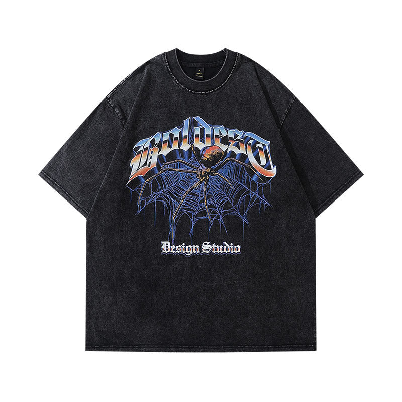 Men T Shirt Oversize Spider Print Distressed Short Sleeve T-shirt