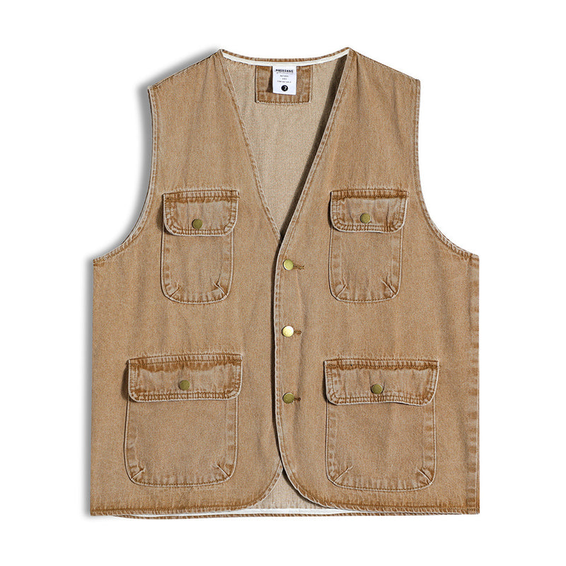 Men Vest Denim Vest Men's V-neck Sleeveless Retro Multi-Pocket Workwear Vest