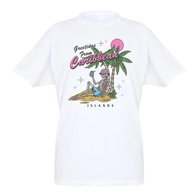 5013Carib Summer Skeleton Tropical Beach T-Shirt Oversized