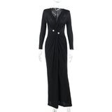 Women Dresses Sexy V-neck Long Sleeve Split Dress