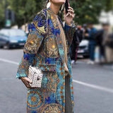 Women Trench Coat Autumn Long Sleeve Turn-down Collar Coat Printed Woolen Long-Cut Coat