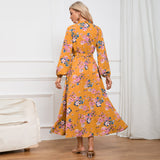 Women Date Dress Autumn Long Sleeve Lace Stand Collar Belt Long Dress