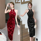 Women Maxi Dress Autumn Winter Retro Sexy Formal Dress Velvet Cheongsam Dress