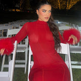 Women Dresse Stand Collar Tight Dress Sexy Backless Red Dress