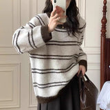Women Knitted Pullover Striped round Neck Sweater Top Autumn and Winter Long Sleeve Sweater