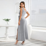 Women Date Dress Sexy Sleeveless V-neck Slit Slim Fit Long Dress