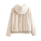 Women Jacket Autumn and Winter Faux Fur Hooded Zipper Jacket Short Coat