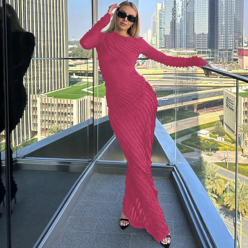 Women Dresses Fall Slim Fit round-Neck Long-Sleeved Dress